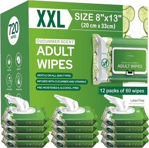 Adult Wipes Extra Large Scented - Skin-Friendly Incontinence Wet Wipes for Adults & Elderly No-Rinse Disposable Washcloths - 8x13" 12 Packs of 60 (720 Wipes) in Saudi Arabia