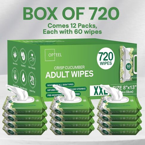 Adult Wipes Extra Large Scented - Skin-Friendly Incontinence Wet Wipes for Adults & Elderly No-Rinse Disposable Washcloths - 8x13" 12 Packs of 60 (720 Wipes) in Saudi Arabia