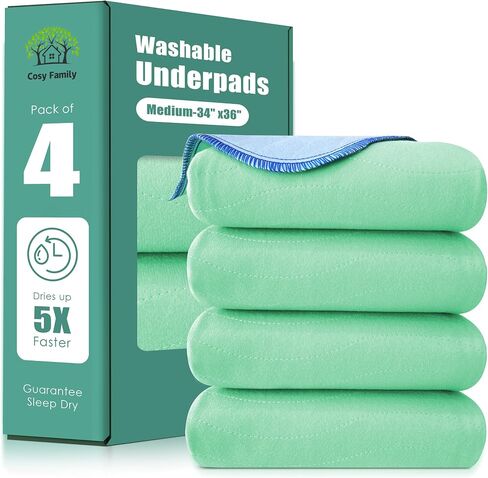 Cosy Family Waterproof Washable Underpads, 34" x 36" - Heavy Absorbency Reusable Bedwetting Incontinence Pads for Adults, Elderly and Pets - Protective Pad, Blue and Green, (Pack of 4) in Saudi Arabia