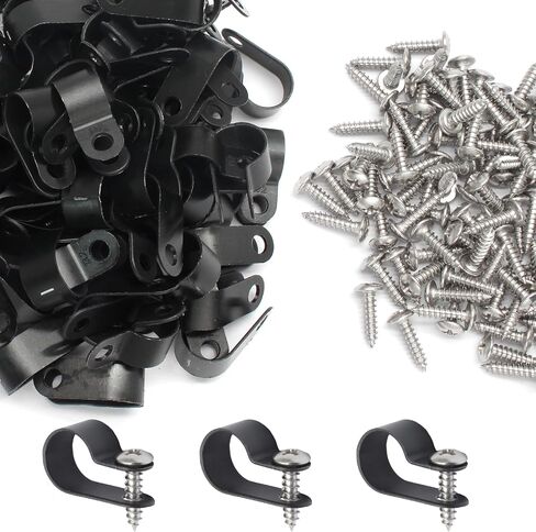 1/4 Inch R-Type Clip Clamp, 100 Pcs | Nylon P-Type Mounting Clips, Cable & Wire Management, Stainless Steel Screws Included in Kuwait