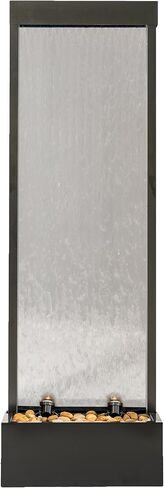 68 in H Freestanding Modern Indoor/Outdoor Waterfall Fountain w/Decorative Rocks, LED Lights & Auto-Shut Off Pump, Stainless Steel/Clear Glass, Silver in Kuwait