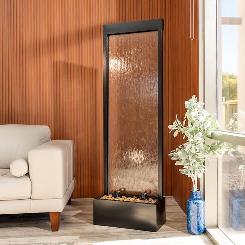 68 in H Freestanding Modern Indoor/Outdoor Waterfall Fountain w/Decorative Rocks, LED Lights & Auto-Shut Off Pump, Stainless Steel/Clear Glass, Silver in Kuwait