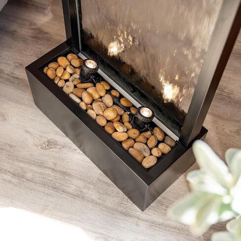 68 in H Freestanding Modern Indoor/Outdoor Waterfall Fountain w/Decorative Rocks, LED Lights & Auto-Shut Off Pump, Stainless Steel/Clear Glass, Silver in Kuwait