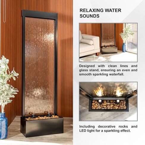 68 in H Freestanding Modern Indoor/Outdoor Waterfall Fountain w/Decorative Rocks, LED Lights & Auto-Shut Off Pump, Stainless Steel/Clear Glass, Silver in Kuwait