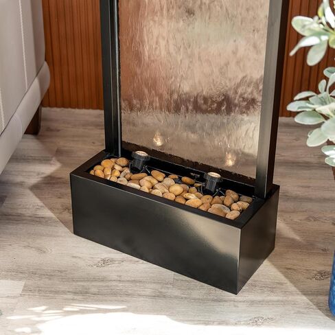 68 in H Freestanding Modern Indoor/Outdoor Waterfall Fountain w/Decorative Rocks, LED Lights & Auto-Shut Off Pump, Stainless Steel/Clear Glass, Silver in Kuwait