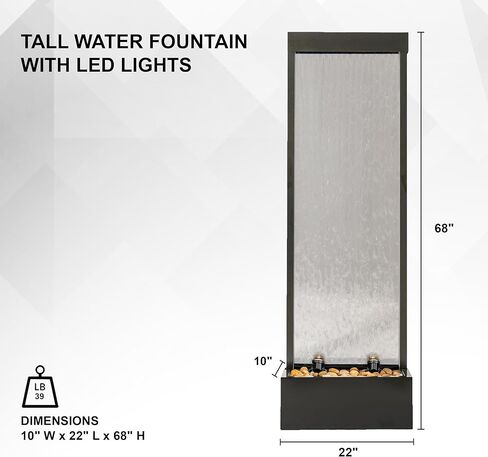 68 in H Freestanding Modern Indoor/Outdoor Waterfall Fountain w/Decorative Rocks, LED Lights & Auto-Shut Off Pump, Stainless Steel/Clear Glass, Silver in Kuwait