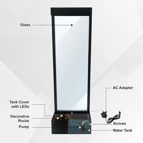 68 in H Freestanding Modern Indoor/Outdoor Waterfall Fountain w/Decorative Rocks, LED Lights & Auto-Shut Off Pump, Stainless Steel/Clear Glass, Silver in Kuwait