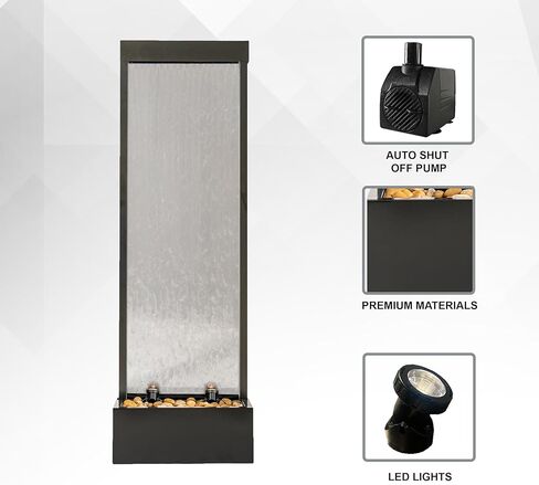 68 in H Freestanding Modern Indoor/Outdoor Waterfall Fountain w/Decorative Rocks, LED Lights & Auto-Shut Off Pump, Stainless Steel/Clear Glass, Silver in Kuwait