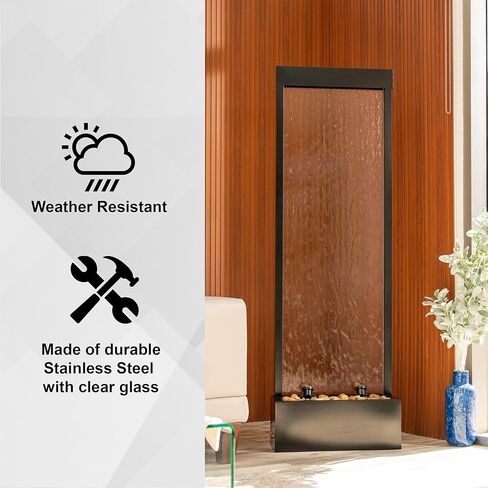 68 in H Freestanding Modern Indoor/Outdoor Waterfall Fountain w/Decorative Rocks, LED Lights & Auto-Shut Off Pump, Stainless Steel/Clear Glass, Silver in Kuwait