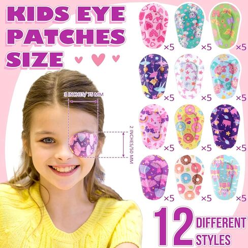 Panelee 60 Pcs Adhesive Eye Patches for Kids Girls Toddler Eye Patches Bulk Breathable Material, Light Blocking Cotton Colorful and Fun Designs Adhesive Bandages for Girls, 12 Styles in Kuwait