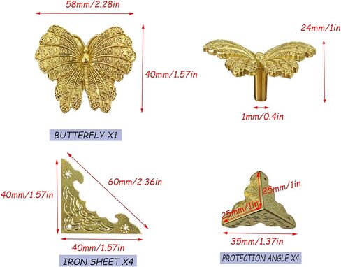 Retro Brass kit, Including Animal Handle, Corner Protector, Decorative Iron Sheet, with Screws, Suitable for DIY and Decorating Jewelry Boxes, Box not Included (Butterfly-S) in Saudi Arabia