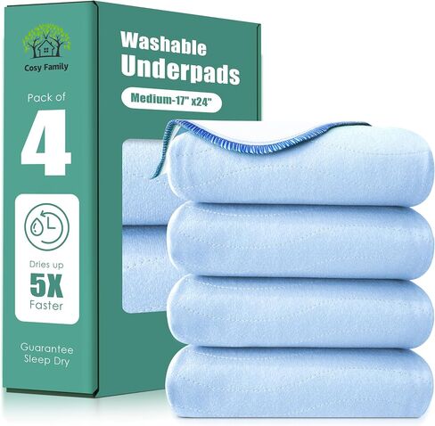 Cosy Family Waterproof Washable Underpads, 34" x 36" - Heavy Absorbency Reusable Bedwetting Incontinence Pads for Adults, Elderly and Pets - Protective Pad, Blue and Green, (Pack of 4) in Saudi Arabia