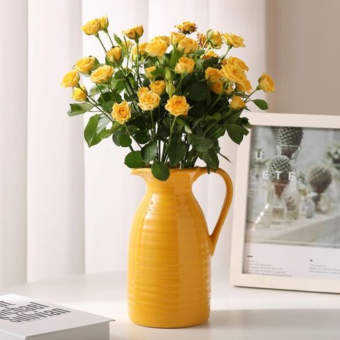 HJN Farmhouse Pitcher Vase for Flowers- إبريق من السيراميك مزهرية زهرة بيضاء لمطبخك/ديكور المنزل/مكتب/غرفة معيشة/رف الكتب/mantel/-hite in Kuwait