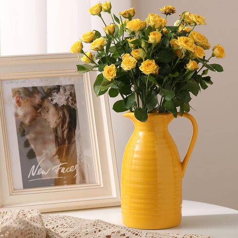 HJN Farmhouse Pitcher Vase for Flowers- إبريق من السيراميك مزهرية زهرة بيضاء لمطبخك/ديكور المنزل/مكتب/غرفة معيشة/رف الكتب/mantel/-hite in Kuwait