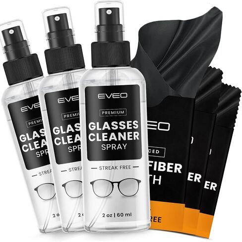 EVEO Glasses Cleaner Spray - Eyeglass Cleaner (No Streaks)| x2 Eye Glass Cleaners Spray + x2 Lens Cleaner Microfiber Cleaning Cloth, Glasses Cleaning Kit Eye Glasses Cleaner Spray & Cloth - 4oz(2ozx2) in Saudi Arabia