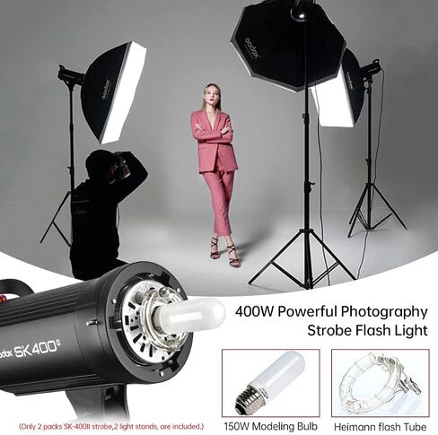 Godox 800Ws 2Packs SK400II 2.4G Studio Strobe Flash Kit,GN65 5600K Monolight Bowens Mount Flash for Studio Photography with XT-16 Transmitter,Softboxes,Light Stands,Reflectors,Umbrellas,Carrying Case in Kuwait