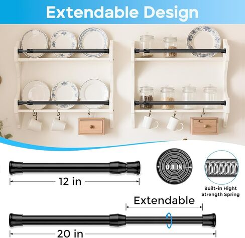 Tension Curtain Rod 12-20inches Small Tension Rods White Adjustable Spring Tension Curtain Rods 2 Pack Mini Curtain Rod Short for Cupboard Closet Rod Kitchen Drawers No Drill Cupboard Cabinets in Saudi Arabia