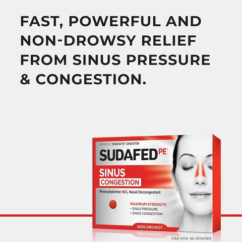 Sudafed PE Sinus Pressure + Pain Relief Tablets, Maximum Strength, Non-Drowsy, OTC Sinus Relief Medicine with Acetaminophen Pain Reliever & Phenylephrine HCl Nasal Decongestant, 24 ct in Saudi Arabia