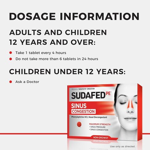 Sudafed PE Sinus Pressure + Pain Relief Tablets, Maximum Strength, Non-Drowsy, OTC Sinus Relief Medicine with Acetaminophen Pain Reliever & Phenylephrine HCl Nasal Decongestant, 24 ct in Saudi Arabia