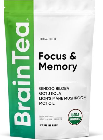 Focus & Memory - Organic Memory Tea Brain Booster, Ginkgo Biloba Tea, Gotu Kola Tea, Lion's Mane Mushroom Tea - Caffeine Free Focus Tea, Mental Clarity Brain Supplements - 30 Sachets in Saudi Arabia