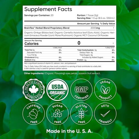 Focus & Memory - Organic Memory Tea Brain Booster, Ginkgo Biloba Tea, Gotu Kola Tea, Lion's Mane Mushroom Tea - Caffeine Free Focus Tea, Mental Clarity Brain Supplements - 30 Sachets in Saudi Arabia