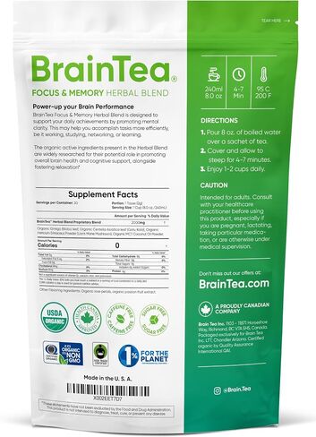 Focus & Memory - Organic Memory Tea Brain Booster, Ginkgo Biloba Tea, Gotu Kola Tea, Lion's Mane Mushroom Tea - Caffeine Free Focus Tea, Mental Clarity Brain Supplements - 30 Sachets in Saudi Arabia