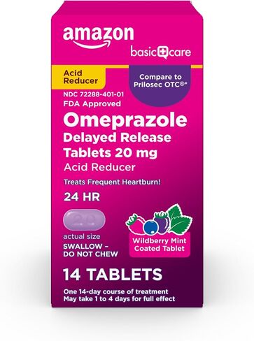 Amazon Basic Care Omeprazole تأخرت أقراص إطلاق 20 ملغ ، مخفض الحمض ، قرص مغلف بالنعناع في Wildberry ، الطب الحارق ، 42 COUNT in Kuwait