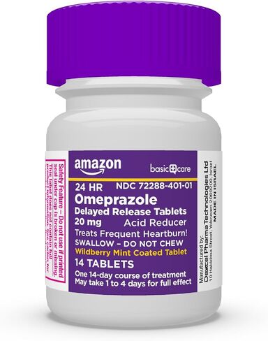 Amazon Basic Care Omeprazole تأخرت أقراص إطلاق 20 ملغ ، مخفض الحمض ، قرص مغلف بالنعناع في Wildberry ، الطب الحارق ، 42 COUNT in Kuwait
