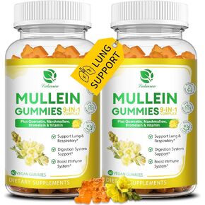 (2 Pack) 9 in 1 Mullein Gummies for Lung Cleanse, Mullein Leaf Extract w/Quercetin, Bromelain, Elderberry & Marshmallow for Respiratory, Immune, Vegan,120 Count