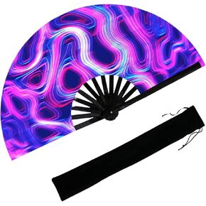 13‘’ UV Glow Large Rave Fan for Men Women, Popping Fan for Line Dancing, Decorative Folding Hand Fan for Party, Home Decoration, Gift, Music Festival Essential, EDM Rave Accessories (Waves)