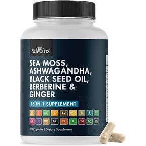 Bioschwartz Sea Moss Black Seed Oil Ashwagandha Ginger Complement With Berberine HCI Burdock Bladderwrack Resveratrol Elderberry Manuka Honey Apple Cider Cider ACV - 120 Sea Moss Capsules