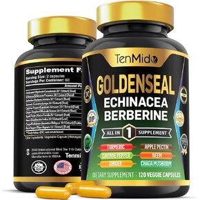 Goldenseal Root Supplement - 10in1 Formula - Combine with Echinacea, Berberine, Turmeric, Cayenne Pepper, Ginger, Apple Pectin, Neem, & More - Digestive Health Support - 120 Capsules