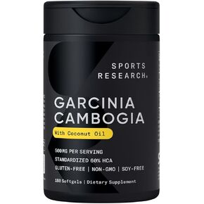 أبحاث الرياضة Garcinia Cambogia Extract (60 ٪ HCA) مع زيت جوز الهند العضوي البكر | غير المعدلة وراثيا ، فول الصويا والغلوتين خالية (180 سائل softgels)