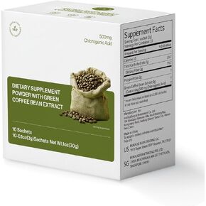 yvip Green Coffee Bean Extract Powder 500mg حمض الكلوروجين-غني بالمضادات الأكسدة ومضادة للالتهابات ، معززة للطاقة الطبيعية ، خالية من الغلوتين ، أكياس القهوة الفورية المنخفضة الكافيين (10 عدد)