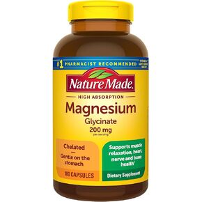Nature Made Magnesium Glycinate 200 mg per Serving, Magnesium Supplement for Muscle, Heart, Nerve and Bone Support, 60 Magnesium Bisglycinate Capsules, 30 Day Supply