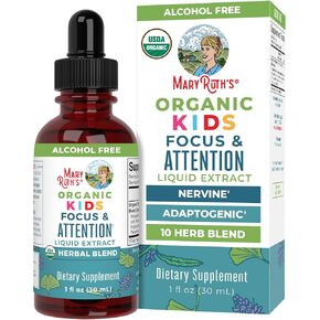 Maryruth Organics Kids Brain Compements for Memory and Focus ، Drops Organic USDA مع Ginkgo Biloba ، Rhodiola Root & Licorice Root ، التركيز والاهتمام ، الهدوء ، النباتي ، غير المعدلة وراثيًا ، خالية من الغلوتين ، 30 حصة