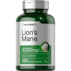 Horbäach Lions Mane Mushroom Extract | 4200mg | 120 كبسولات | نبات نباتي ، غير محلي ، ملحق خالي من الغلوتين