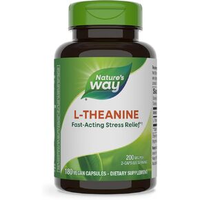 Nature's Way L-theanine ، دعم الإجهاد*، يعزز الاسترخاء*، 200 ملغ لكل كبسولة ، نباتي ، 180 كبسولة