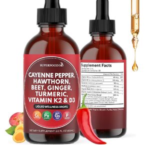 Cayenne Pepper Supplement Liquid Drops + Hawthorn Berry, Vitamin D3 K2 Beet Root Powder, Ceylon Cinnamon, Turmeric Curcumin, Organic Panax Ginseng - 4 OZ