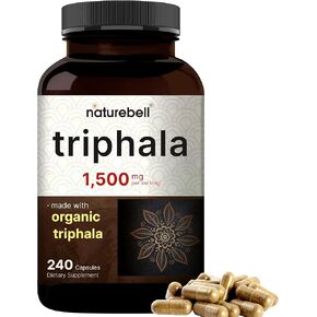 مكملات كبسولات Naturebell Triphala ، 1500 ملجم لكل وجبة | مصنوع من Amla العضوية ، Bibhitaki ، مسحوق الفاكهة Haritaki-يدعم صحة الجهاز الهضمي-قوة مزدوجة ، غير المعدلة وراثيا