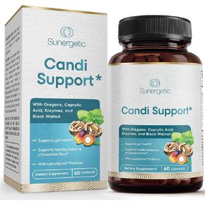 ملحق Candida Candida Premium - ملحق دعم المبيضات مع Oregano ، حمض الكابريليك ، الجوز الأسود والبروبيوتيك - يدعم صحة الأمعاء ، الهضم والزهور المعوية - 60 كبسولات دعم Candi