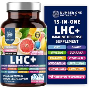 N1N LHC+ 15-in-1 مكمل الدعم المناعي مع سبيرولينا ، الكركم ، الجينسنغ ، الغوارانا ، فيتامين د وفيتامين C من أجل المناعة ، والطاقة والراحة الطويلة ، و 60 قبعات خضار ، ولون الزجاجة قد تختلف