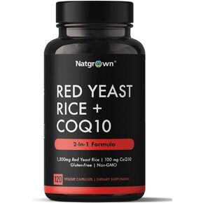 Natgrown Red Yeast Rice with CoQ10 Supplement – 1200 mg Red Yeast Rice Extract + 100 mg Coenzyme Q10 – Heart & Circulatory Support – Vegan, Non-GMO – 120 Capsules
