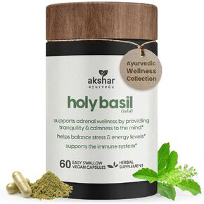 AKSHAR Ayurveda - Holy Basil Capsules with Tulsi Holy Basil Leaf Extract and Powder, Healthy Holy Basil Supplement, Vegan Cruelty-Free (60 Count)