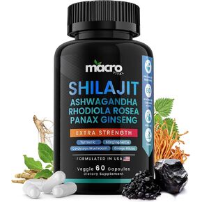Pure Himalayan Shilajit for Men and Women 8-in-1 Supplement, Organic Himalayan Shilajit Capsules with Ashwaganda, Rhodiola Rosea and Panax Ginseng for Energy-Stamina- 60 Veggie Capsules