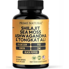 Shilajit 10,000mg, Irish Sea Moss 2000mg, Ashwagandha 3000mg, Tongkat Ali 30,000mg, Boron, Magnesium, PQQ & More | 60 Capsules - 30 Days Supply| Fulvic Acid Veg Capsules| Vegan| Gluten Free | Non-GMO