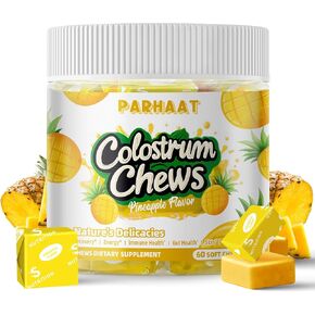 Bovine Colostrum Chews Supplement with probiotics for Gut Health, Bloating, Immune Support, Skin, Hair Growth and Beauty - Strawberry Flavor (60 Servings)