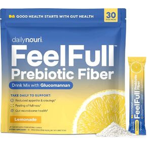 Daily Nouri FeelFull Prebiotic Fiber Drink Mix with Glucomannan & Chromium | for Natural Feeling of Fullness, Appetite & Cravings Support, Gut Microbiome & Metabolic Health | 30 Stick Packs