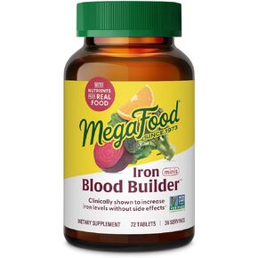 Megafood Blood Builder Minis ، مكملات الحديد التي يظهر سريريًا لزيادة مستويات الحديد دون آثار جانبية - مكمل نباتي مع فيتامين C ، فيتامين B12 وحمض الفوليك ، 72 قرصًا (36 حصصًا)