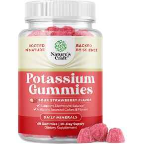 High Potency Potassium Gummies for Adults - Powerful Potassium Supplement Gummies with 99mg Citrate for Optimal Health - Delicious Strawberry-Flavored 60 Vegan